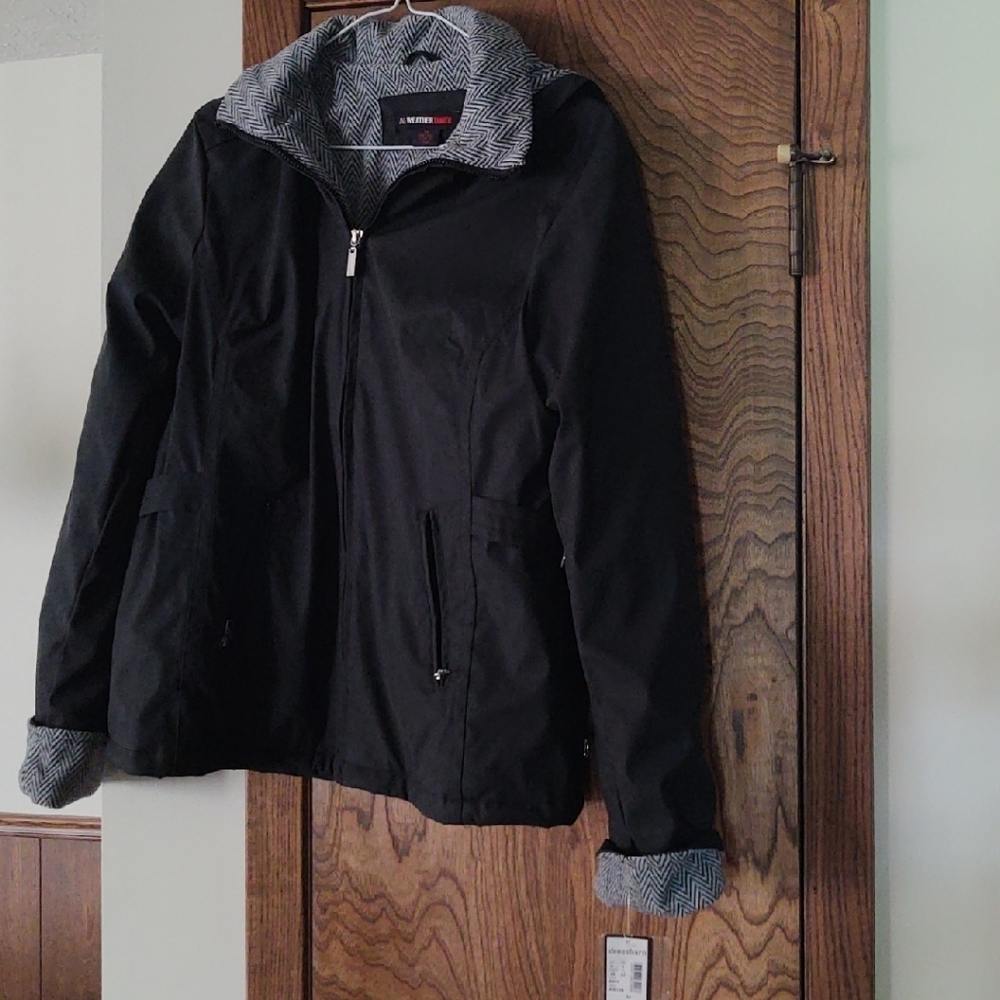 Black Windbreaker with Zipper Front and Stand-Up Collar